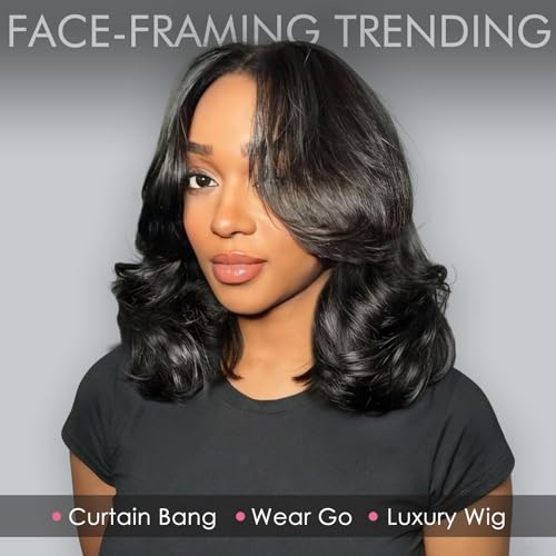 250 Density Layered Bob Wig Human Hair With Curtain Bangs 15A 6x6 Face-Framing Wear Go Glueless Wigs Human Hair Pre Plucked Pre Cut Bob Body Wave Ready To Wear Hd Lace Glueless Wigs Human Hair 14 Inch