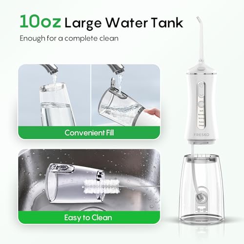 FRESKO Water Flosser with High Pulse & Constant Pressure Tech, Rechargable Oral Irrigator wih 10oz Water Tank, 50 Days Long-Lasting, IPX7, 4 Modes & 5 Tips for Travel