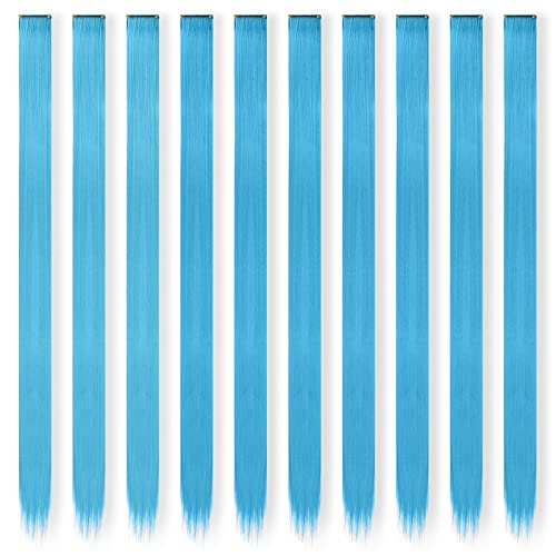 FESHFEN Colored Clip in Hair Extensions - 10 PCS Skyblue Light Blue Highlighted Hair Piece Straight Synthetic Clip in Hairpieces for Women 22 inch