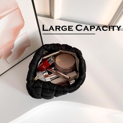 Puffy Quilted Makeup Bag for Women, Cosmetic Bag, Travel Toiletry Organizer Pouch Clutch (black)