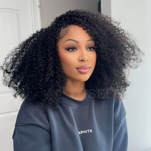 ISEE Half Wig Afro Curly 3 In 1 Glueless Wigs Human Hair Seamless Kinky Curly Flip Over Beginner Friendly Wear & Go Drawstring Band Clip in Wig Human Hair Black Color 14 Inch
