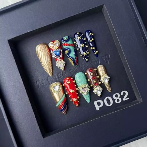 100% 5D Handmade Press on Nails with Heart Charms Long Stiletto Nails Press ons Gorgeous False Nails Rhinestones Press on Nails Handmade Nails for Women Girls Daily Wear DIY Manicure Size L