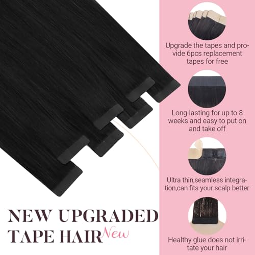 MAXITA Tape in Hair Extensions 1B Natural Black 24 Inch 100g 40pcs Thick Ends Remy Human Hair Seamless Straight Invisible Tape in Extensions