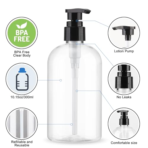 Empty Pump Bottles Dispenser 2 Pack 300ml/10.15oz. Clear Plastic Pump Bottle Dispenser for Essential Oil Soap Lotion Shampoo