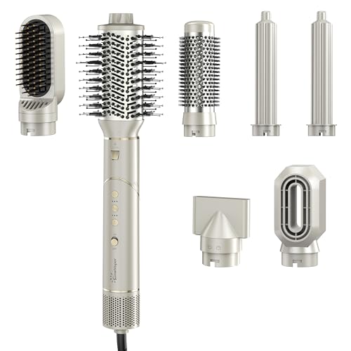 Sunwhisper Hair Dryer Brush 7 in 1 Professional Hot Air Styler, 110,000 RPM High Speed Negative Ionic Dryer, Straightener Comb & 2 Auto Wrap Curlers, 2 Concentrator, Oval & Round Styling Brush