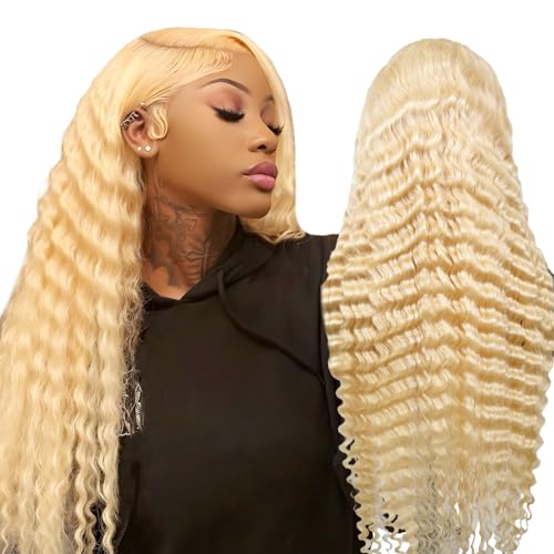 613 Lace Front Wig Human Hair 28 inches Pre Plucked Honey Blonde Deep Wave Curly Wig Human Hair with Baby Hair 180% Density for Black Women