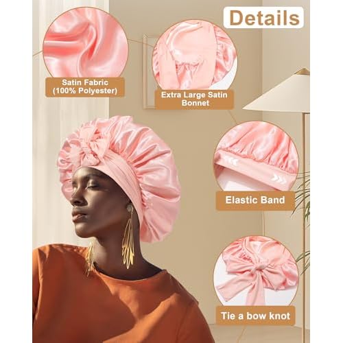 Extra Large Satin Bonnet for Sleeping Jumbo Silk Bonnet Double Layer Hair Bonnet for Women with Elastic Tie Band Sleep Bonnet Hair Wrap for Braids Curly Hair(Apricot Powder+Champagne)