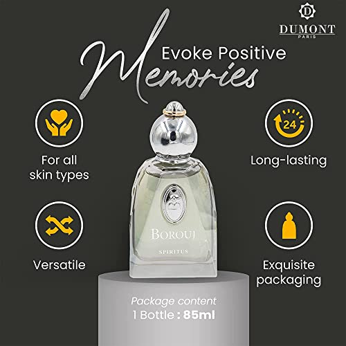 Dumont BOROUJ SPIRITUS - 85ml - Unisex Perfume for Men & Women - Long Lasting Cologne Mist & Body Spray with Aromatic Floral, Amber & Musk Fragrance - for Him & Her