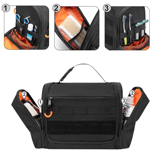 Tactical Toiletry Travel Bag for Men, Hanging Dopp Kit Hygiene Bag Shower Organizer with Hook for Toiletries and Shaving Care, Black (Empty Bag)