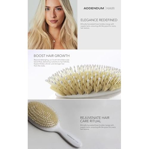 Luxury Hair Brush for Dry Hair ? Boar Bristle & Soft Ballpoint Tip | Detangler Brush for Shine, Texture & Frizz Control ? Addendum Hair Professional Salon Tool (White)