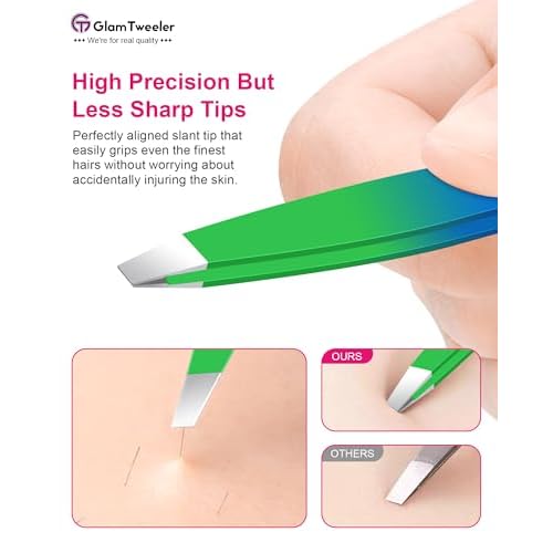 Exclusive G-01 Slant Tip Tweezers, GlamTweeler High Precison Expert Eyebrow and Facial Hair Removal Tweezer with Leather Storage & Carrying Case (Princess Blue & Green)