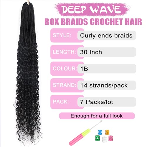 30 Inch Long Goddess Box Braids Crochet Hair for Black Women 7 Packs Box Braids with Curly Ends Pre Looped Wavy Crotchet Braid (1B)