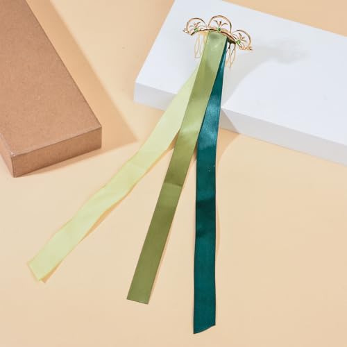 DDazzling Princess Rhinestone Gold Hair Comb with Satin Ribbons Halloween Birthday Accessories for Women Girls, 3 Colors (Green Gold)