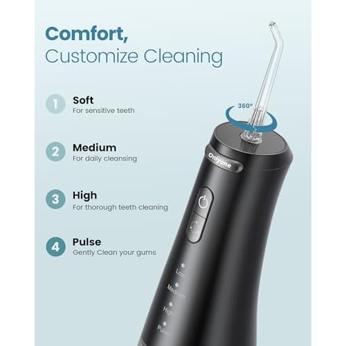 Onlyone Water Dental Flosser, 300ML Portable Oral Irrigator for Teeth, 4 Modes and 5 Jet Tips,Rechargeable Irrigation Cleaner,Electric Flossing Machine Power Flossers & Irrigator Accessories Black