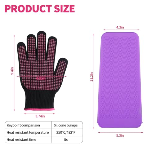 Heat Gloves for Hair Styling, 2PCS Heat Resistant Gloves and Silicone Mat Pouch for Curling Irons, Hair Straighteners, and Flat Irons