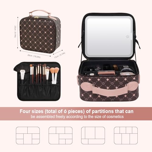 Travel Makeup Bag With 360¡Æ rotating LED Mirror,Waterproof cosmetic organizer,Portability Cosmetic case,Makeup organizer,Gift for Women,Girls Gift (Coffee + Pink)