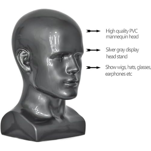 PVC Mannequin Head Black Male Manikin Dummy Stand Model Display Hat Scarf Wigs Hair Glasses Hat Beauty Styling Tool (grey)