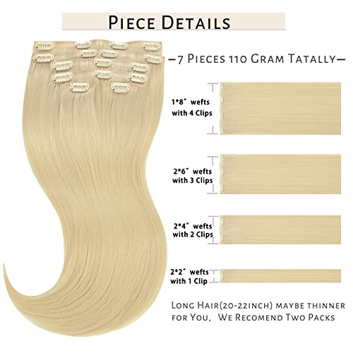 Caliee Straight Clip in Hair Extensions Human Hair 7Pcs 110G Invisible PU Weft Clip in Human Hair Extensions 60A Platinum Blonde Real Hair Extensions Clip in Human Hair for Women 18Inch