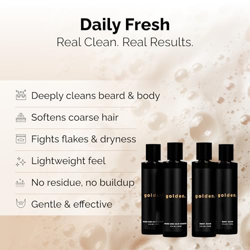 Golden Grooming Co. 3-in-1 Men's Body Wash - Hair & Beard Shampoo - Cleanses, Hydrates, Softens - Body Wash for All Skin Types - Refreshing Scent - Shower Double Pack | Pack of 4
