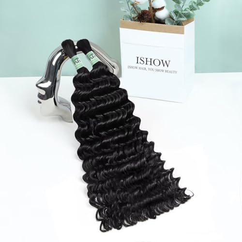ISHOW Raw Human Braiding Hair, 100% Unprocessed Virgin Human Hair, 15A Deep Wave Boho Hair, 100g 16 Inch (2 Packs), NO.1 Premium Quality Boho Hair Producer, Long Lasting, Color 1B