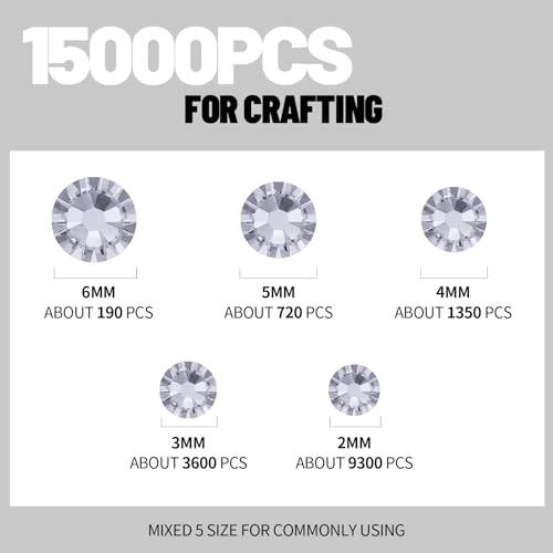FANDAMEI Silver Rhinestones, 15000 PCS Resin Rhinestone, Non Hotfix Gems for Crafting, Flatback Rhinestones for Crafting, Clear Rhinestone for Nails, Mixed Sizes 2/3/4/5/6mm
