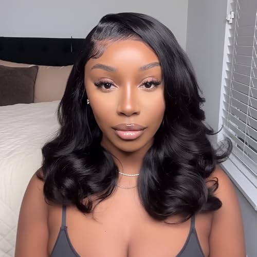 Tinashe Human Hair Wig Glueless Wigs Human Hair Pre Plucked Pre Cut Bob Wear And Go Loose Body Wave Layered Cut 6x5 HD Lace Front Wigs for Black Women Side Part Curtain Bangs Natural Black Wigs 18inch