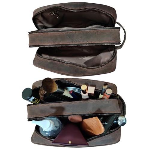 RUSTIC TOWN Full Grain Leather Travel Toiletry Bag - Cosmetic Ditty Kit Organizer (Dark Brown)