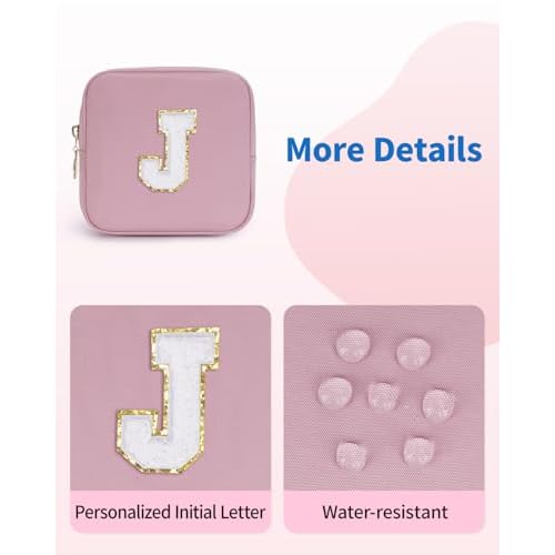 Wandering Nature Personalized Mini Initial Makeup Bag with Glitter Chenille Letter Patch, Small Preppy Makeup Bag with Slip-In Pockets, Ideal Gift for Valentine's Day Mother's Day (Patent Pending)