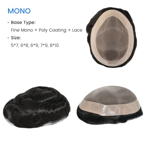 Men's Real Human Hair Toupee Natural Hairline Hair Replacement System for Men Breathable Fine Mono Base with Poly Perimeter Lace Front Edge Durable & Realistic Wig for Daily Wear (8"x10")