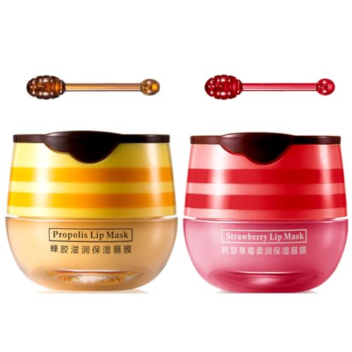 2 Pcs Lip Balm Honey Pot,Honey & Strawberry Lip Mask Propolis Moisturizing Lip Balm with Stick,Prevention Dry and Cracked Lip Scrubs,Exfoliator Lip Wrinkle Skin Care Products