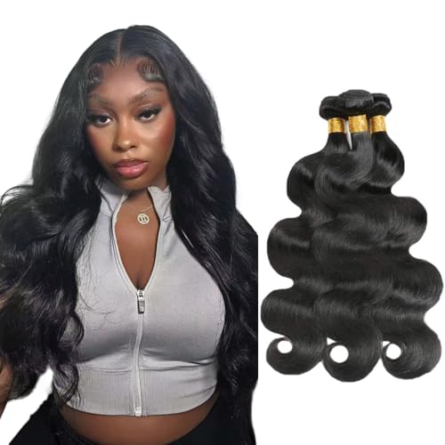 Color 1B Body Wave Bundles Natural Black Human Hair Bundles 26 28 30 Inch Niegmeag Brazilian Virgin Remy Hair Extensions Double Weft Soft and Silky Body Wave Bundle Hair Weave