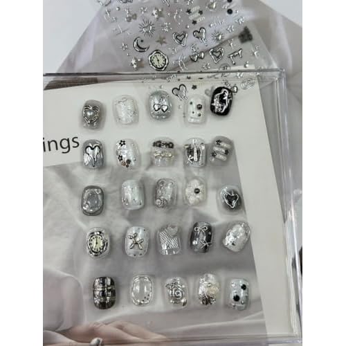 Silver Nail Art Stickers Heart Star Nail Decals with Metal Design 5D Embossed Self Adhesive Clock Nails Stickers Charms Supply for Women Girls Kid Manicure DIY Decorations