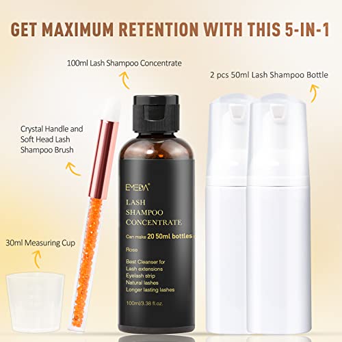 EMEDA Lash Shampoo Concentrate for Eyelash Extensions 100ml Eyelash Extension Cleanser Concentrate Bulk Liquid Kit with Brush Bottle Foam Soap Lash Bath Solution - Makes 20 Bottles 50ml Shampoo (Rose)