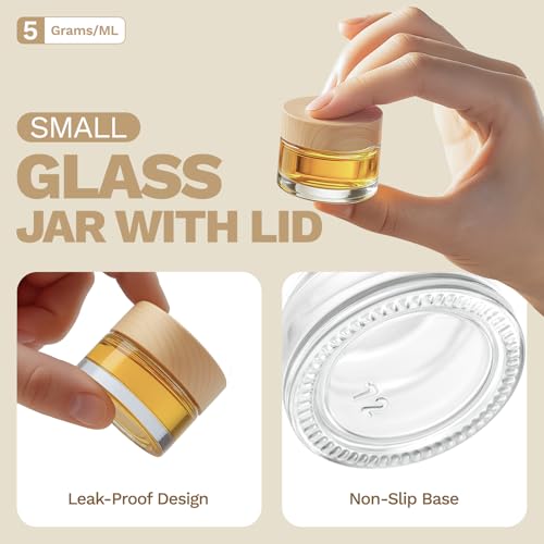 Bumobum 48 Pcs 5 Grams Glass Cosmetic Jars with Plastic Wood-Grain Lids, 5 ml Lip Balm Containers Empty Tiny Sample Jars for Lip Scrub Makeup Eye Cream Travel