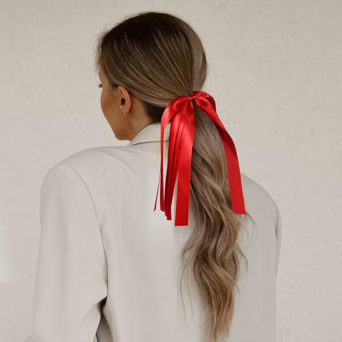 Red Ribbon Hair Ties Cheer Long Tassel Elastic Hairbands Handmade Girls Women Ponytail Holder Hair Accessories for Holiday Party