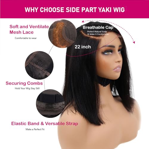 12 inch 5x5 Lace Closure Yaki Side Part Vietnamese Human Hair Wig, Pre-Bleached Pre Plucked HD Lace Wig 180% Density, Pre Cut Lace Wig Short Black Blunt Cut Bob Wigs