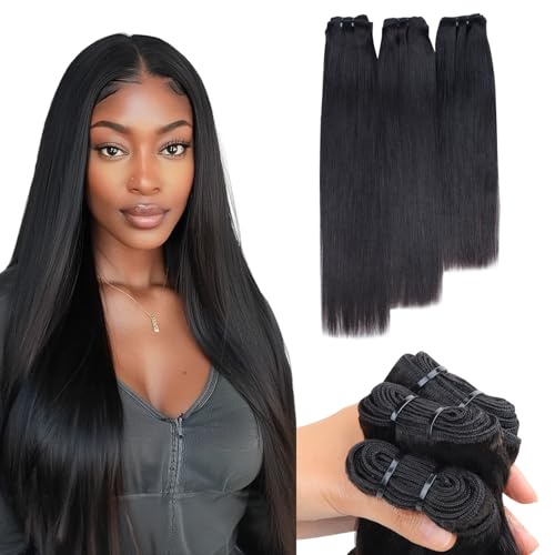 Lashey Raw Human Hair Bundles Straight 3 Bundles 14 16 18 Inches 100% Virgin Hair Bundles Soft and Silky Weave Bundles Double Weft Straight Raw Bundles Human Hair Hair Extension Natural Black