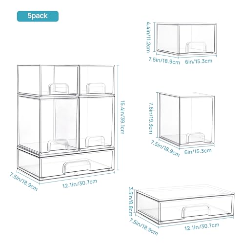 Vtopmart Stackable Storage Drawers Set of 5, Clear Plastic Organizer Bins for Beauty Supplies,Ideal for Vanity, Bathroom,Cabinet,Pantry Organization