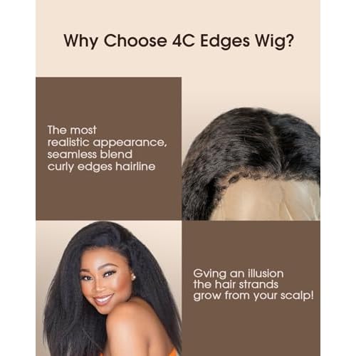 MENTOR 4C Edges Kinky Straight Lace Front Wigs Human Hair Yaki Stairght 13x4 HD Transparent Lace Frontal Kinkystraight Wigs with Curly Edges Hairline Pre-Plucked 180% Density 22 inch