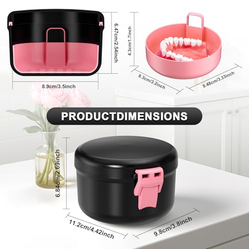 Denture Cup, Leak Proof Denture Bath Case for Travel, False Teeth Container for Soaking Dentures & Retainer, Retainer Cleaner Case, Black+Pink.