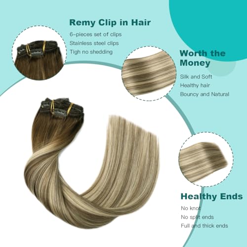 SURNEL Human Hair Clip in Extensions 18inch Clip in Hair Extensions Balayage Walnut Brown to Ash Brown and Golden Blonde Hair Extensions Clip ins 6pcs 120g(#3/8/22,18")