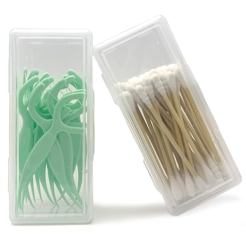 Cotton Swab Holder for Travel, 2 Pcs Portable Small Dental Floss Holder Clear Plastic Cotton Pad Holder, Travel Floss Picks Case Storage Containers with Dustproof Lid