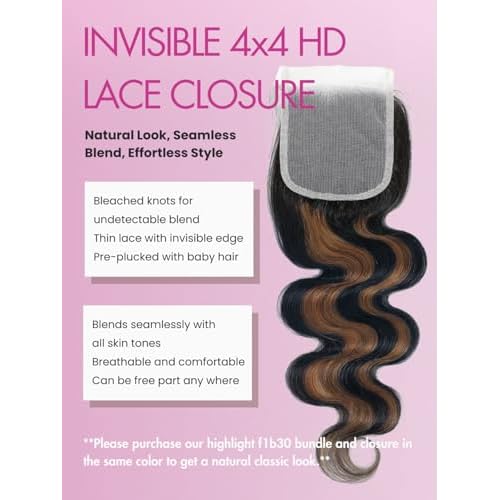 FB30 Brown Highlight Bundles with Closure Human Hair 18 20 22+18 Inch, Ombre Body Wave 3 Bundles with 4x4 HD Transparent Lace Closure 12A Unprocessed Soft Remy Hair Balayage Hondy Blonde Color