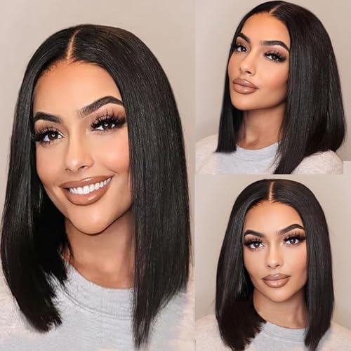 Bob Wig Human Hair for Women, 13x4 Pre-Plucked HD Transparent Lace Front Wigs,180% Density Short Straight Black Bob Wigs (14inch)