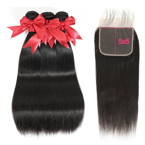 12A Straight Bundles Human Hair with 5x5 Closure 22 24 26+20 Inch Brazilian Human Hair Weave Bundles with 5x5 HD Lace Closure 100% Unprocessed Virgin Hair Extensions