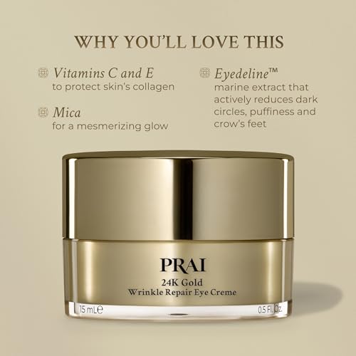 PRAI Beauty 24K Gold Wrinkle Repair Eye Creme - Anti-Aging and Anti-Wrinkle Eye Cream - Infused with Hyaluronic Acid and Real 24K Gold, 0.5 Oz