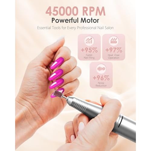 Portable Nail Drill Professional: 45000 RPM Rechargeable Electric Nail Drills Machine with 6 Bits, Drill para U?as Profesional E File for Acrylic, Gel Nails, Manicure & Pedicure - Salon & Home Use