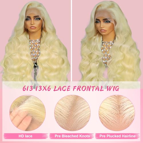 32 Inch 613 Lace Front Wig Human Hair 200 Density Blonde Wig Human Hair 13X6 Body Wave HD Lace Front Wigs Human Hair Pre Plucked 10A Blonde 613 HD Transparent Lace Frontal Glueless Wigs For Women