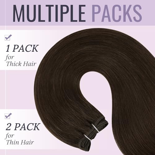 Fshine Hand Tied Weft Hair Extensions Real Human Hair 24 inch Dark Brown Double Weft Full Head Sew in Extensions Weave Bundles for Women