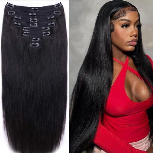 Clip in Hair Extensions for Black Women Straight Human Hair 100% Unprocessed Full Head Brazilian Virgin Hair Natural Black Color,8/Pcs with 18Clips,120 Gram (30inch, Straight hair)